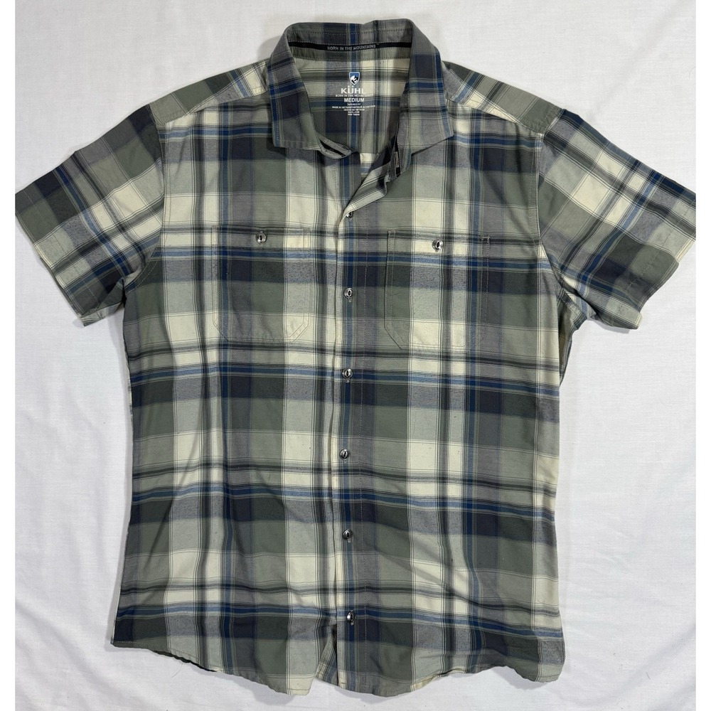 Kuhl Mens Eluxur Response Button-Up Short Sleeve Plaid Blue Outdoor Shirt Medium